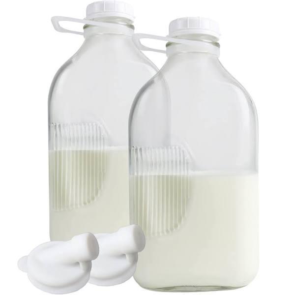 The Dairy Shoppe Heavy Glass Milk Bottles 64 oz Jugs With Extra Lids (2, 64 oz)