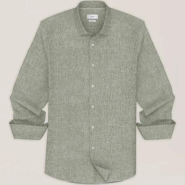 Saba Men's Anderson Classic Yarn Dyed Linen Shirt in Green Size Small