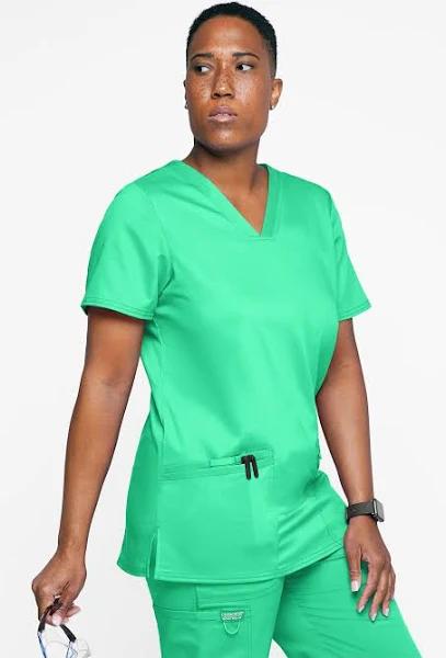 Cherokee Workwear Revolution Women's 3-Pocket Stretch V-Neck Scrub Top in Sparkling Jade | Size XL Polyester/rayon/spandex