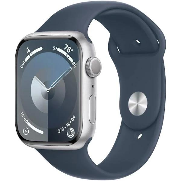 Apple - Apple Watch Series 9 GPS 45mm Silver Aluminum Case with Storm Blue Sport Band - M/L - Silver - MR9E3LL/A - 194253821298