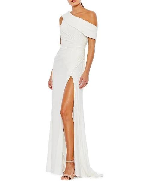 Mac Duggal Women's Ruched One Shoulder Slit Gown - White - Size 2