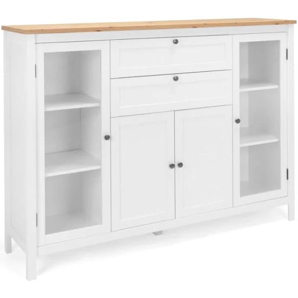 James Buffet Unit Sideboard w/ 4-doors 2-Drawers Storage Cabinet - White/Oak