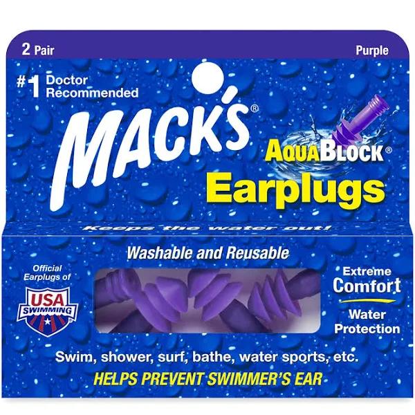 Mack's Aquablock Earplugs, 2 Pair, Purple