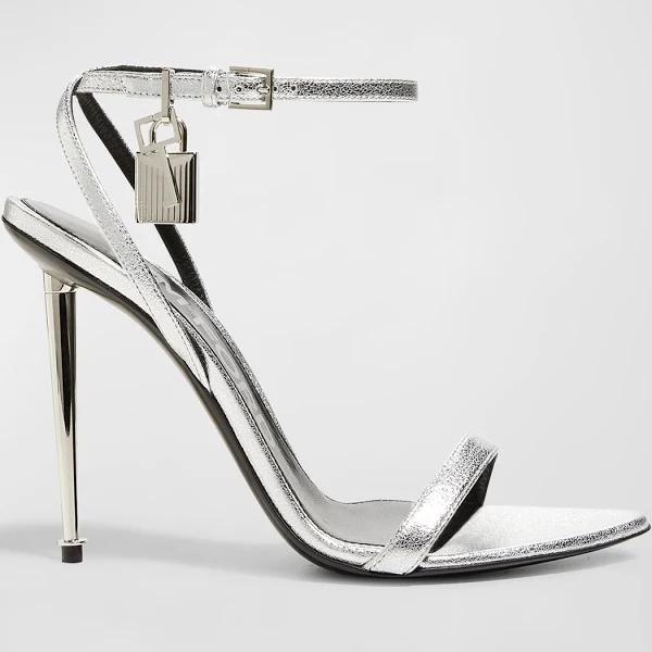 Tom Ford Padlock Metallic Stiletto Sandals, Silver, Women's, 39EU, Sandals Heeled Sandals & High Heel Sandals