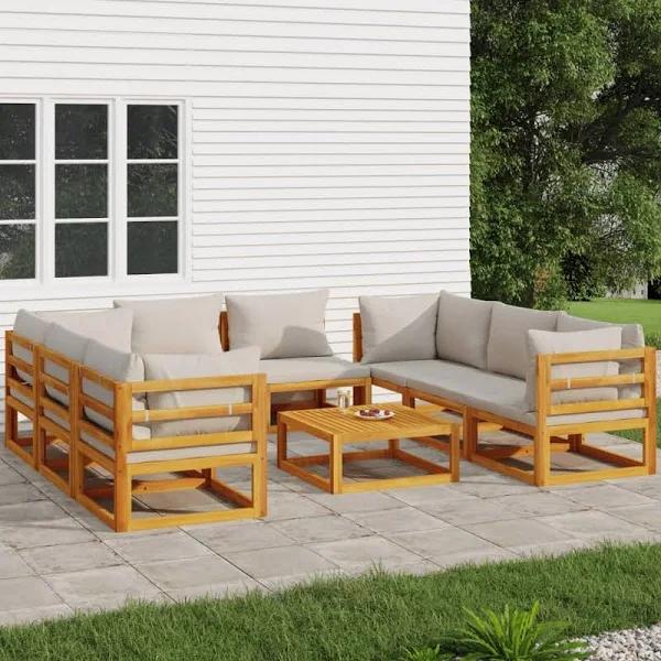 9 Piece Garden Lounge Set with Light Grey Cushions Solid Wood vidaXL