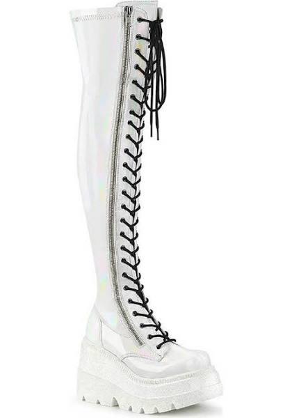 Demonia SHAKER-374 White Hologram Stretch Patent Thigh Boot Size 12