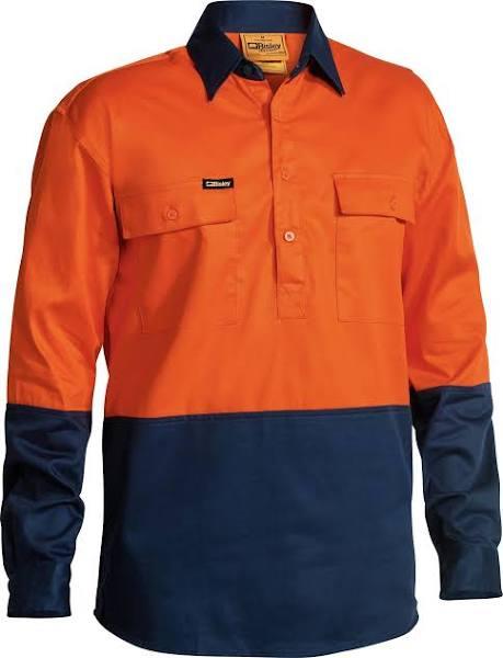 Bisley 2 Tone Closed Front Hi Vis Drill Shirt Long Sleeve (BSC6267) Orange / Navy / 4XL