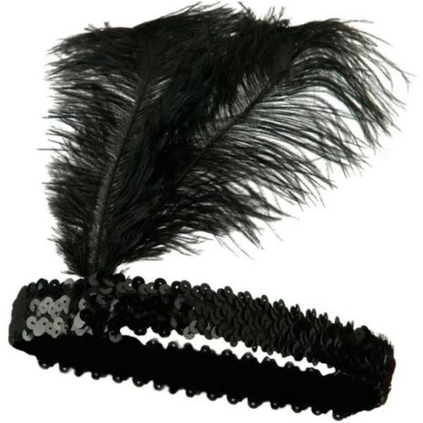 1920s Flapper Headband Headpiece Feather Sequin Charleston Costume Gatsby Dance - Black