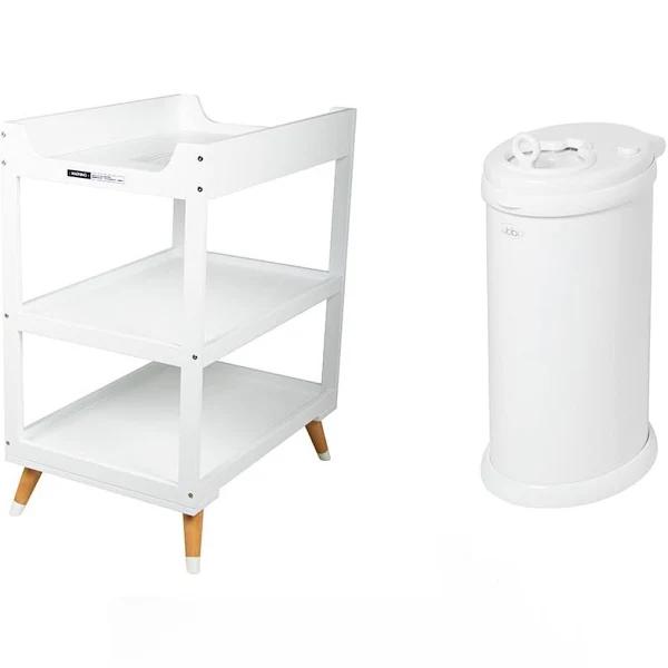 Bebecare Baby Zuri 3 Tier Timber Change Table & Ubbi Diaper Pail Nappy Bin White