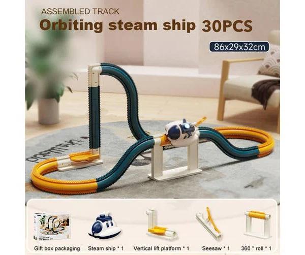 30 Pcs Blue Steam Spacecraft Track Rail Car Train Track Electric Car Track Assembly Track Spacecraft Set Rail Car Model Puzzle Toy For Kids