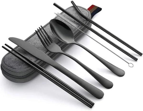 OliandOla Black Travel Cutlery Set Portable Camping Utensils Set