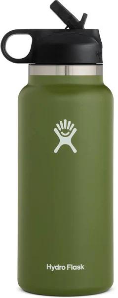 Hydro Flask Wide Mouth Straw Lid - Stainless Steel Reusable Water Bottle - Vacuum Insulated, Dishwasher Safe, BPA-Free, Non-Toxic, Olive, 32 oz