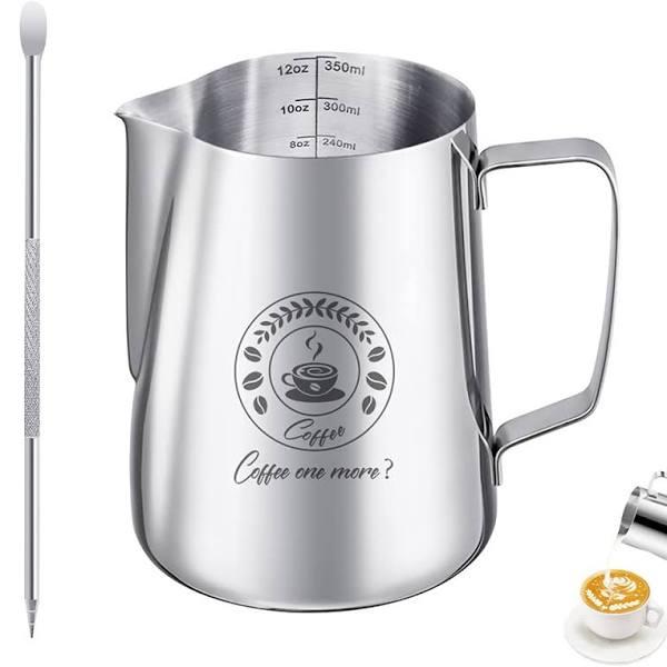 Milk Frothing Pitcher, 12oz Stainless Steel Coffe Steaming Pitcher,espresso Pitcher with Latte Art Pen For Coffee Milk Cappuccino & Latte