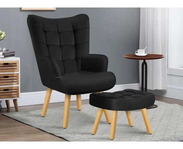 ALFORDSON Wooden Armchair Velvet Accent Chair Ottoman Black