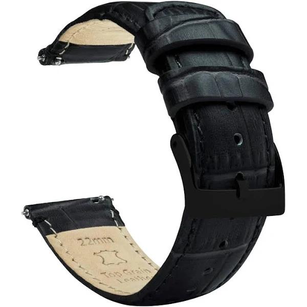 Alligator Grain Leather Watch Band / Strap in Black w/ Black Buckle, Width 24mm, Standard Length | Barton