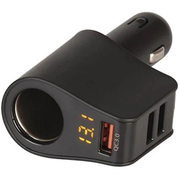 Car Cigarette Lighter Adaptor With 3 USB Charging Ports and Voltmeter - Jaycar