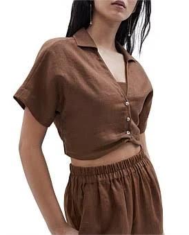 Unison Linen Twist Detail Top in Brown 14