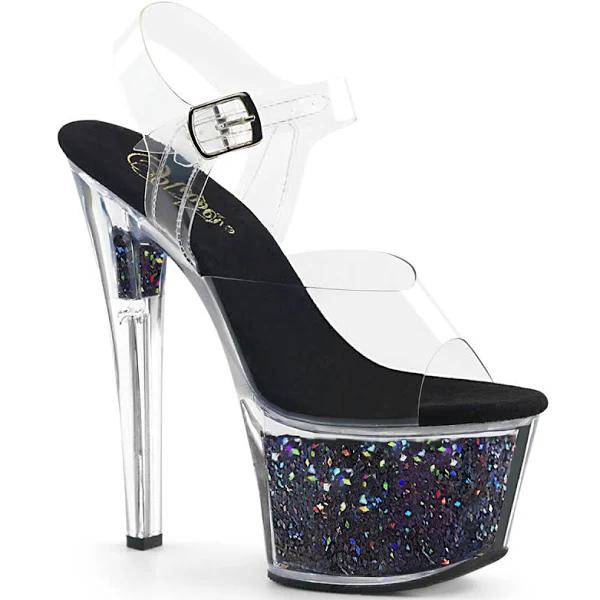 Pleaser SKY-308GF Clear/Black Multi Glitter Platform Sandal Size 10