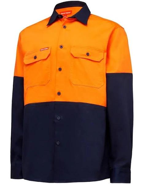 Hard Yakka - Hi Vis L/SL H/WEIGHT 2Tone Cotton Drill Shirt - Orange/Navy - 3XL