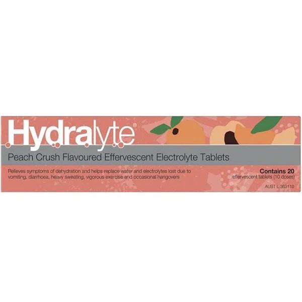 Hydralyte Effervescent Electrolyte 20 Tablets Peach Crush