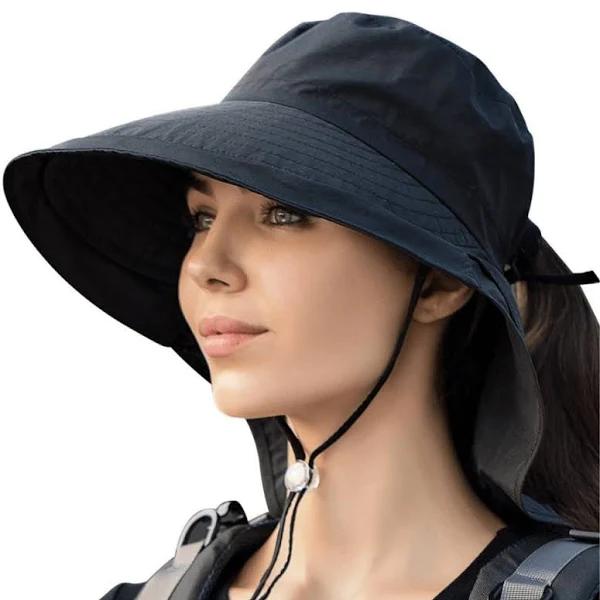 Legionnaires Ponytail Hole Sun Hat for Women - UPF50+ Neck Flap - Adjustable Crown and Chin Strap - oz Smart, Black