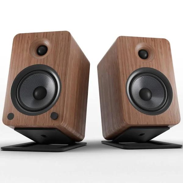 Kanto YU6 200W Powered Bookshelf Speakers with Bluetooth and Phono Preamp - Pair, Walnut with S6 Black Stand Bundle