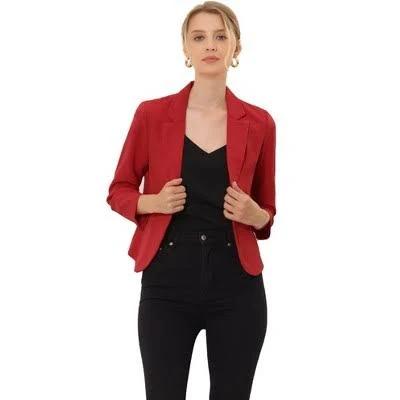 Open Front Office Work Business Crop Suit Blazer Jacket, Red / XL