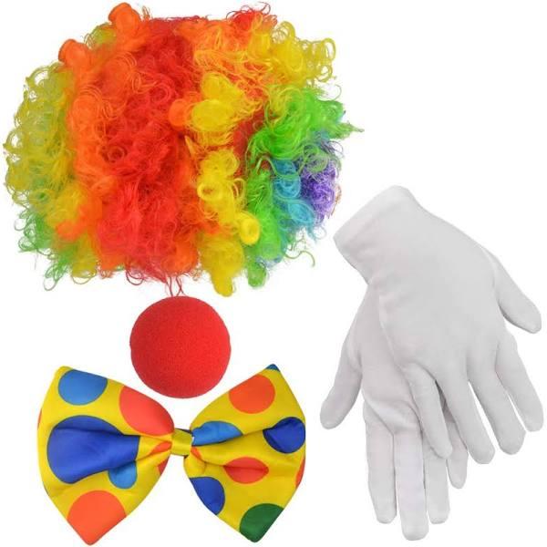 Clown Costume Set of 4, Jerbro Clown Rainbow Wig Clown Nose Bow Tie WH