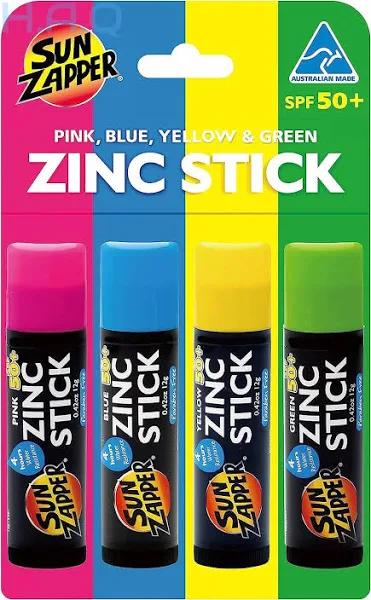 Sun Zapper SPF 50+ Zinc Stick Mineral Sunscreen 12 G (Pack of 4), pink/blue/yellow/green