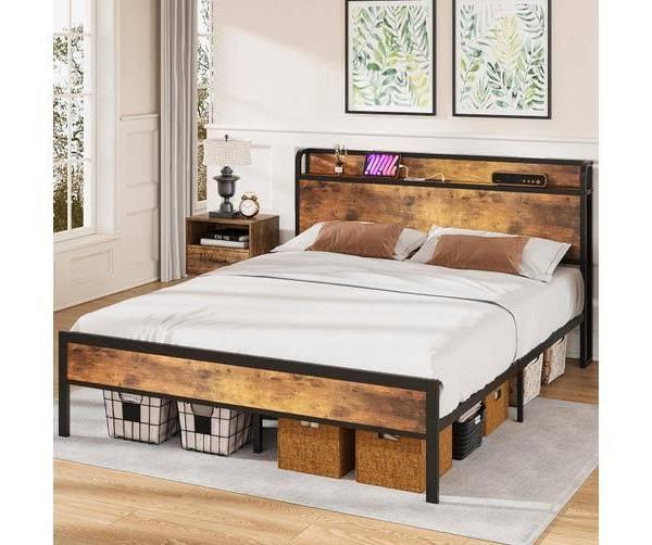 Advwin Bed Frame Double Size Mattress Base with Charging Station and USB Ports Industrial Storage Headboard - AfterPay & zipPay Available