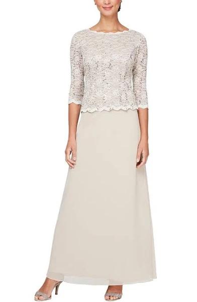 Alex Evenings Long Gown with Sequin Lace Bodice & Chiffon Skirt Taupe / 12