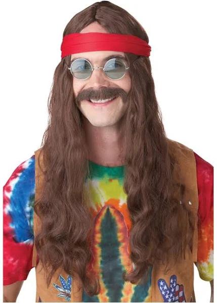 Hippie Man Brown Groovy 70s Men Costume Wig & Moustache