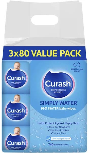 Curash Baby Wipes Simply Water 3 x 80 Pack