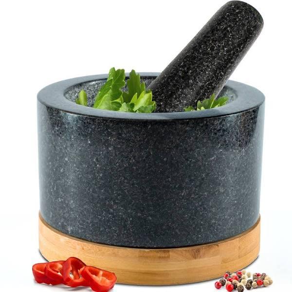 Heavy Duty Mortar and Pestle Set With Bamboo Base, Large 2 Cups, 100% Natural Granite Mortar and Pestle Large Stone Grinder Bowl, Molcajete Bowl,