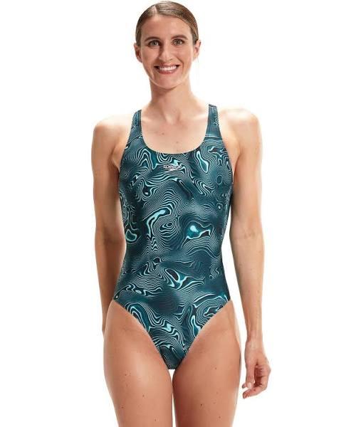 Speedo Allover Digital Powerback Swimsuit - Black/Green UK Size 42