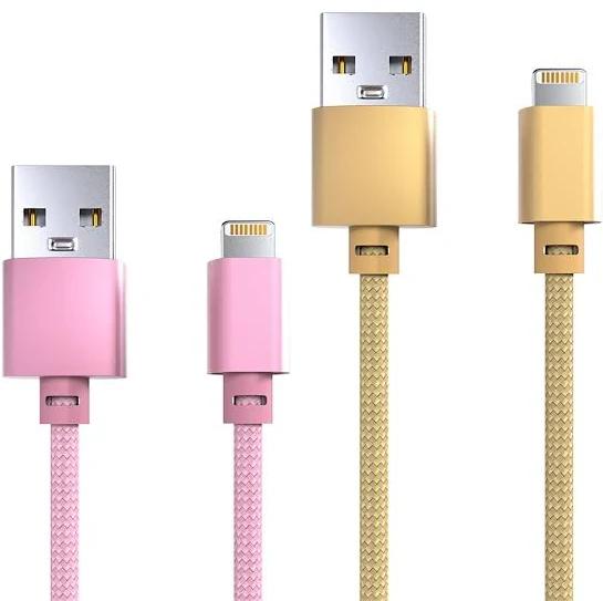 Laser 2m MFi Lightning to USB-A Cable 2 Pack Nylon Braid Gold/Pink