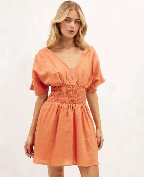 AERE - Women's Orange Mini Dresses - Linen Shirred Waist Mini Dress - Size 16 at The Iconic