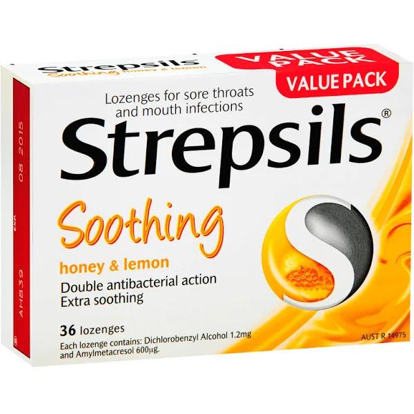 Strepsils Throat Lozenges Soothing Honey & Lemon 36 Pack