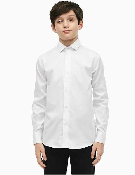 Calvin Klein Boys' Big Long Sleeve Sateen Dress Shirt, Style with Butt