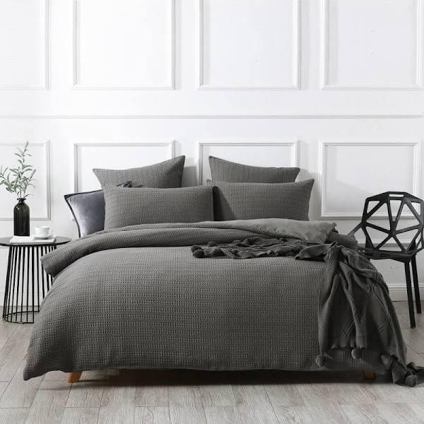 Jax Chunky Waffle Charcoal Quilt Cover Set Double Bed