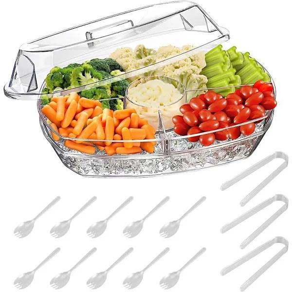 Chilled Condiment Server with 4 Compartment Clear Chilled Serving Container with Lid, Condiment Organizer On Ice, Chilled Topping Station for Home