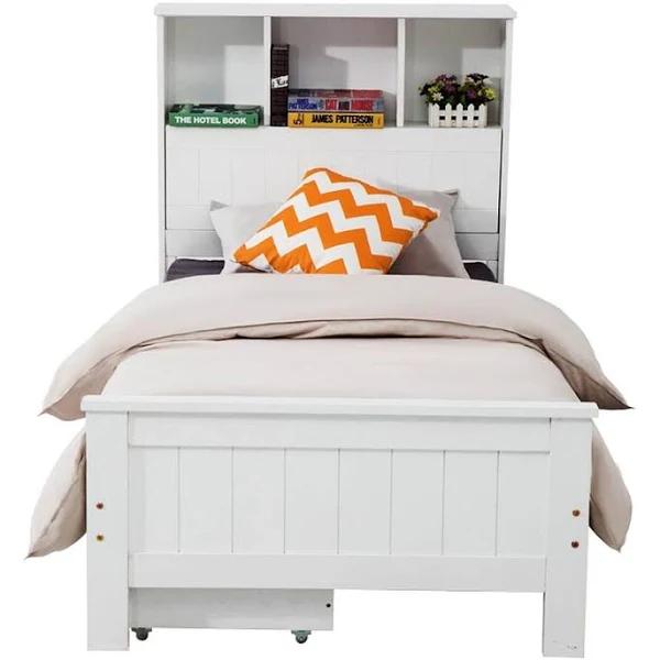 King Single Solid Pine Timber Bed Frame with Bookshelf Storage Headboard- White