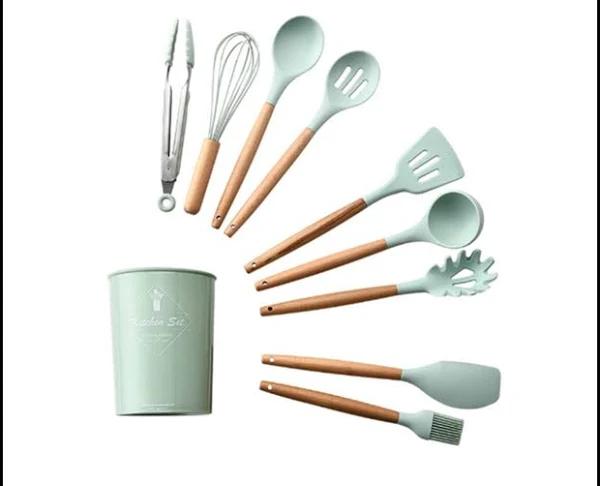 JunChang 9pcs Set Kitchenware Silicone Kitchenware Non-stick Silicone Shovel Spoon Kitchen Tool With Storage Bucket