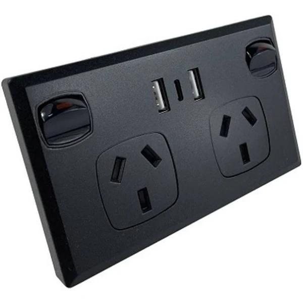 Matte Black Double GPO Power Point Socket w/ 2 x USB A & 1 x USB C