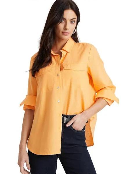 Rockmans - Womens Tops Summer - Orange - Rockmans Linen Blend Roll Up Sleeve Shirt 14