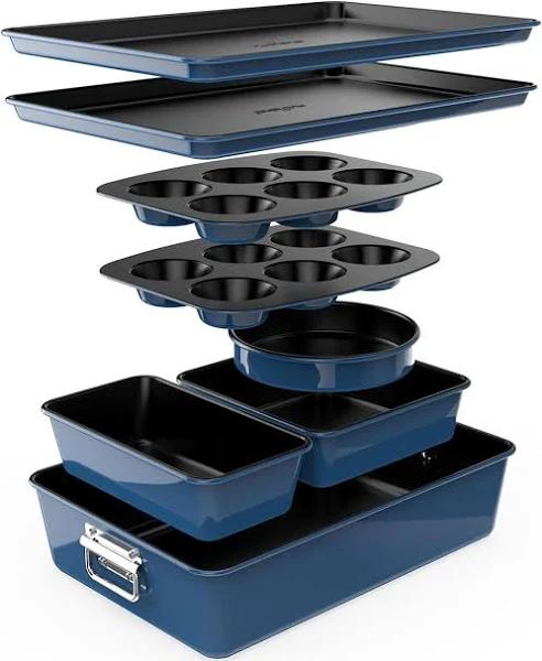 NutriChef 8-Piece Nonstick Stackable Bakeware Set - PFOA, PFOS, PTFE Free Baking Tray Set w/Non-Stick Coating, 450°F Oven Safe, Round Cake, Loaf,