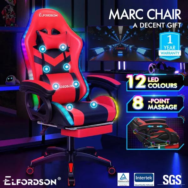 ALFORDSON Gaming Chair with 8-Point Massage 12 RGB LED Black & Red