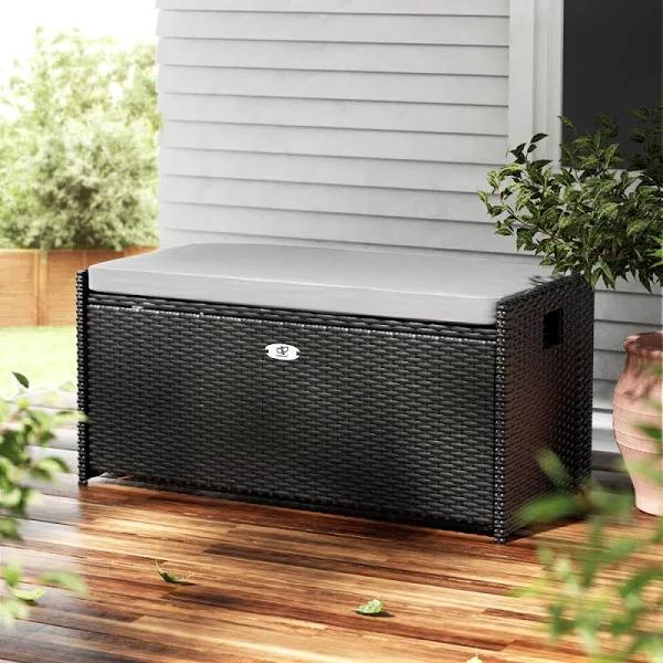 Outdoor Storage Bench Box Wicker Garden Sheds Tools Cushion Patio Furniture Black