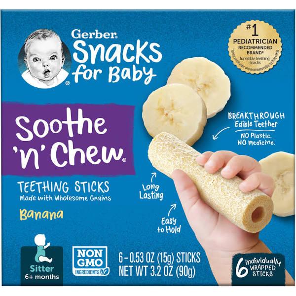 Gerber, Soothe 'N' Chew, Teething Sticks, 6+ Months, Banana, 6 Individually Wrapped Sticks, 0.53 oz (15 g) Each