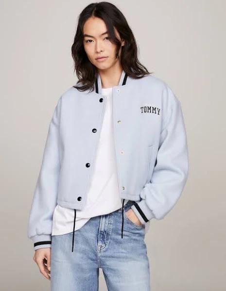 Tommy Jeans Cropped Wool Varsity Bomber Jacket in Blue